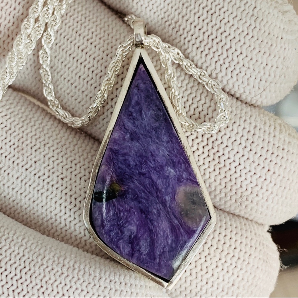 Silver Set Russian Charoite Pendant and Chain